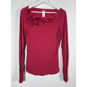 Anthropologie Womens Reddish Floral Detail Long Sleeve Ribbed Top Large NWOT